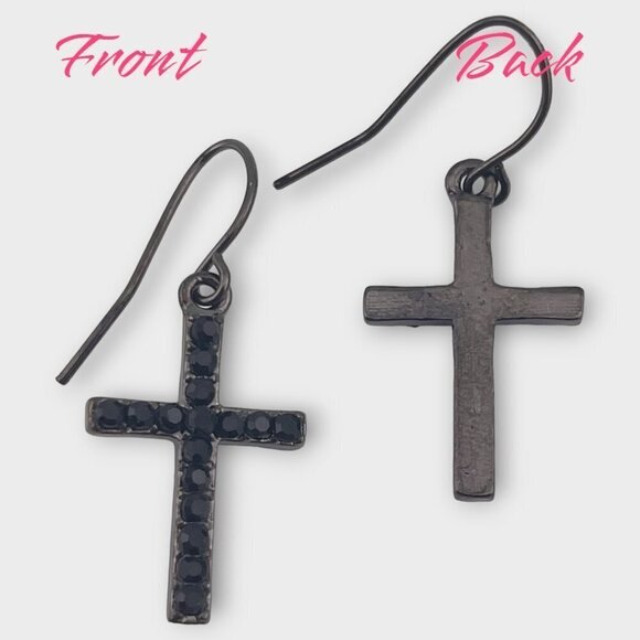 Vintage Black Spanish Crystal Cross Earrings - Picture 3 of 9